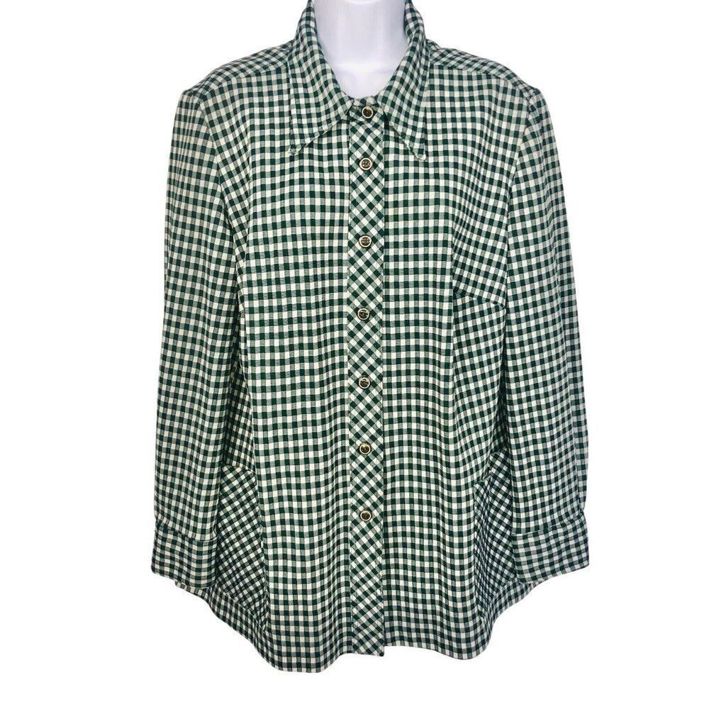 Vintage 70s Womens L Shirt Green White Checkered Long Sleeve Dagger Collar